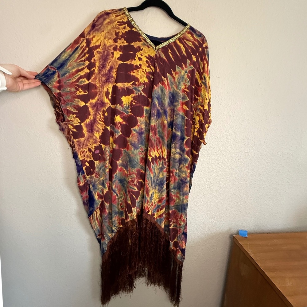 One Size Fringe Boho Kaftan Dress Festival Handmade Artsy Lagenlook Statement